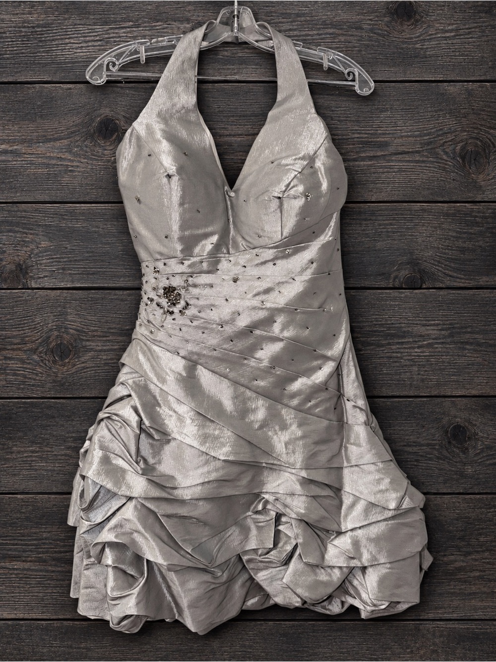 Silver Halter Mini Dress with Embellished Waist Homecoming Prom